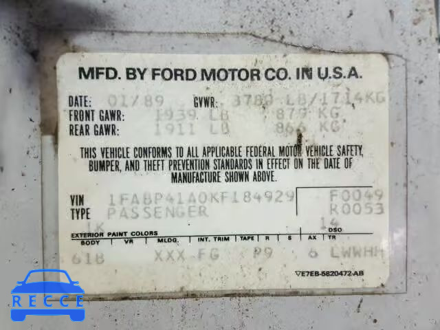 1989 FORD MUSTANG LX 1FABP41A0KF184929 image 9