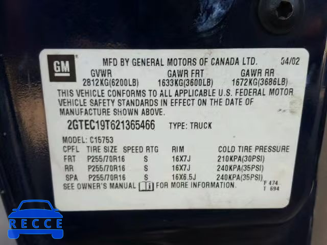 2002 GMC SIERRA C15 2GTEC19T621365466 image 9