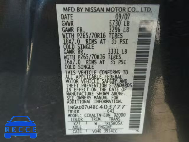 2008 NISSAN FRONTIER S 1N6AD07U48C403777 image 9