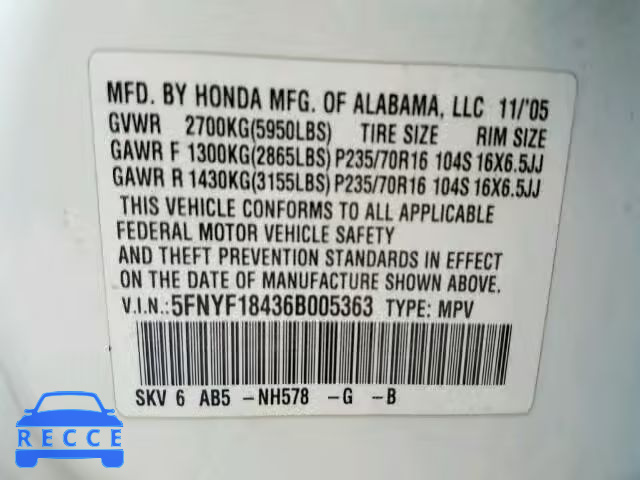 2006 HONDA PILOT EX 5FNYF18436B005363 image 9