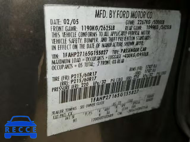 2005 FORD FIVE HUNDR 1FAHP27165G155827 image 9