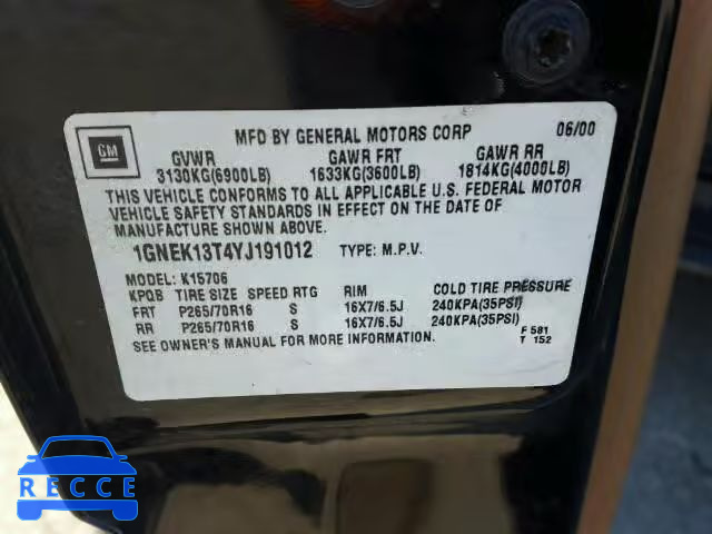 2000 CHEVROLET TAHOE K150 1GNEK13T4YJ191012 image 9