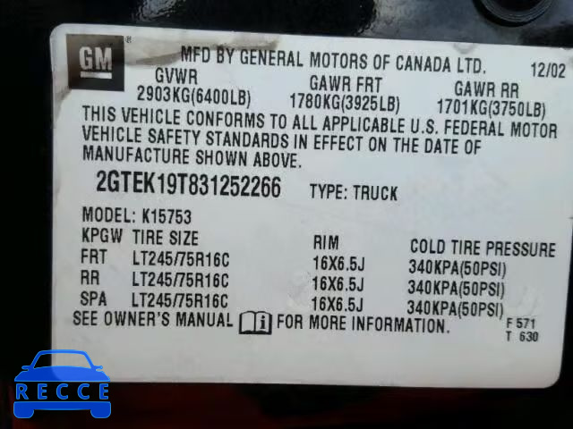 2003 GMC SIERRA K15 2GTEK19T831252266 image 9
