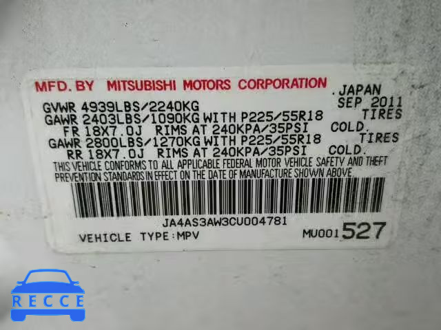 2012 MITSUBISHI OUTLANDER JA4AS3AW3CU004781 image 9