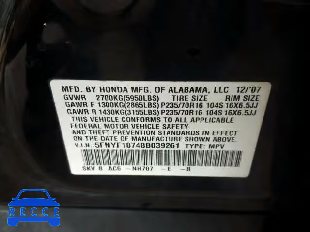 2008 HONDA PILOT EXL 5FNYF18748B039261 image 9