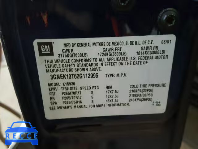 2002 CHEVROLET AVALANCHE 3GNEK13T62G112996 image 9