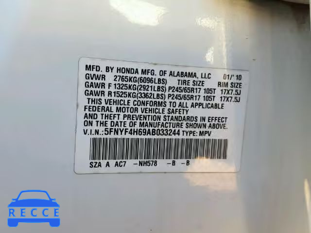 2010 HONDA PILOT EXL 5FNYF4H69AB033244 image 9