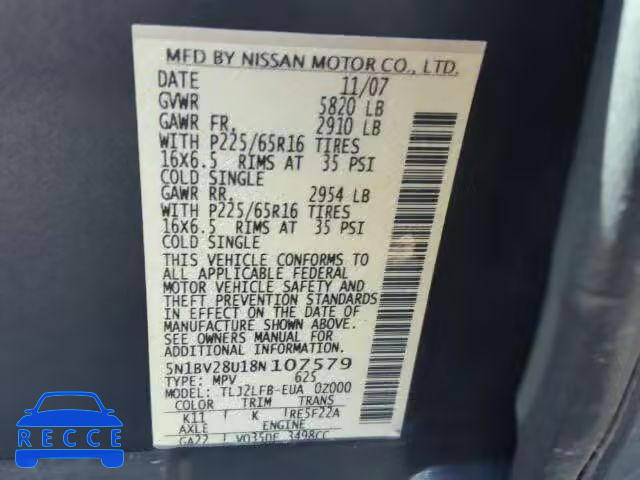 2008 NISSAN QUEST S/SE 5N1BV28U18N107579 Bild 9