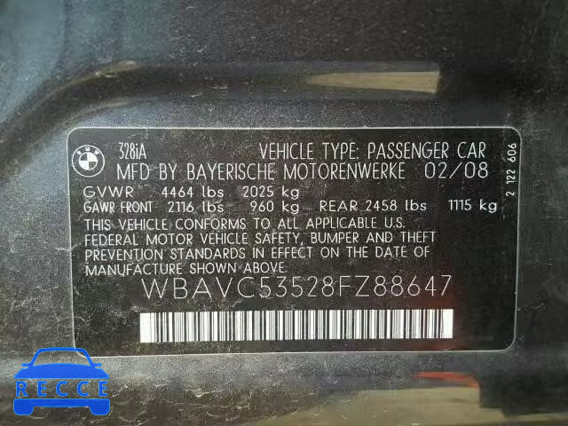2008 BMW 328I SULEV WBAVC53528FZ88647 зображення 9