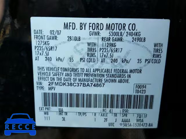 2007 FORD EDGE SEL 2FMDK38C37BA74867 image 9