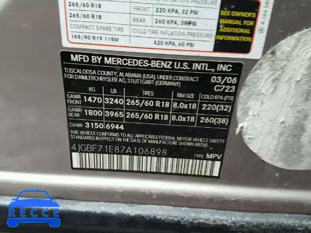 2007 MERCEDES-BENZ GL450 4 MA 4JGBF71E87A106898 зображення 9