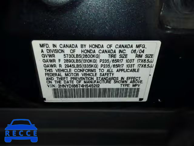 2004 ACURA MDX Touring 2HNYD18674H545212 image 9