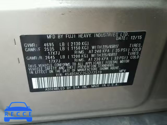 2016 SUBARU OUTBACK 2. 4S4BSACC2G3272519 image 9