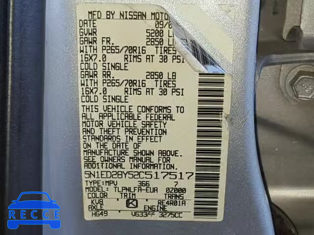 2002 NISSAN XTERRA XE/ 5N1ED28Y52C517517 image 9