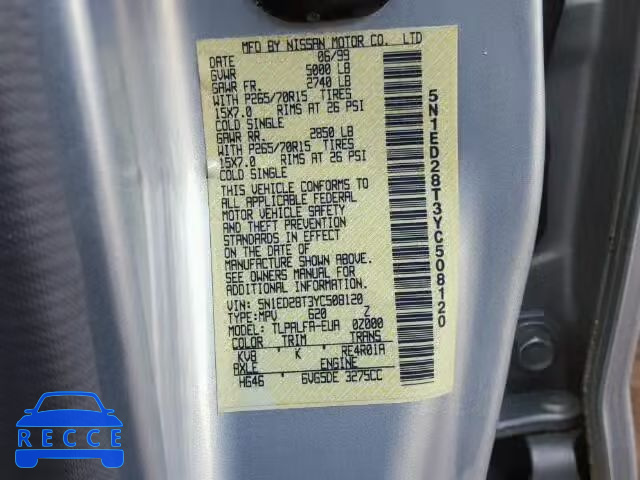 2000 NISSAN XTERRA XE/ 5N1ED28T3YC508120 image 9