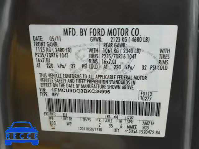 2011 FORD ESCAPE XLT 1FMCU9DG3BKC36996 image 9