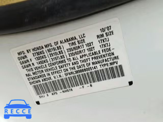 2008 HONDA ODYSSEY TO 5FNRL38988B005141 image 9