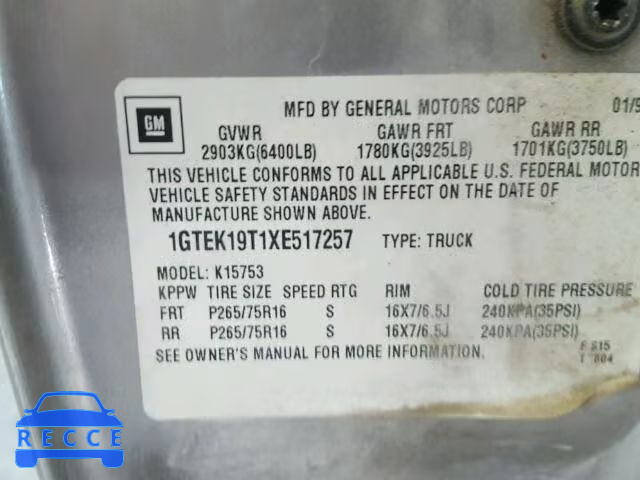 1999 GMC SIERRA K15 1GTEK19T1XE517257 image 9