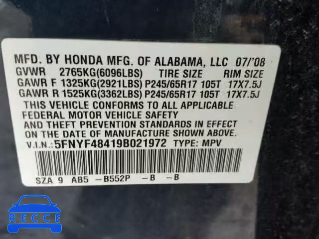 2009 HONDA PILOT EX 5FNYF48419B021972 image 9