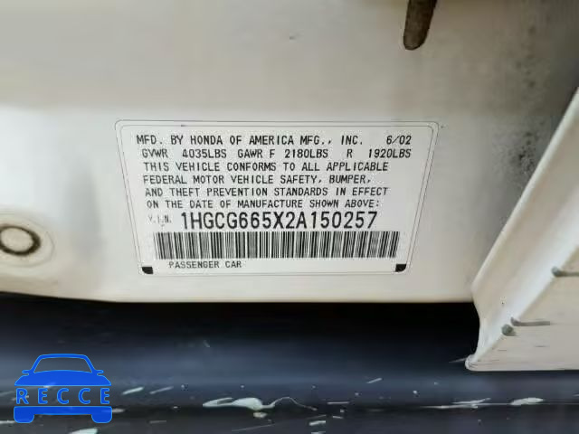 2002 HONDA ACCORD LX 1HGCG665X2A150257 image 9