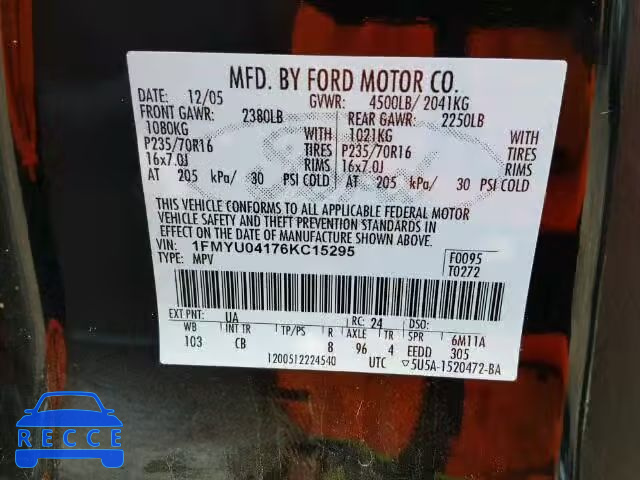 2006 FORD ESCAPE LIM 1FMYU04176KC15295 image 9