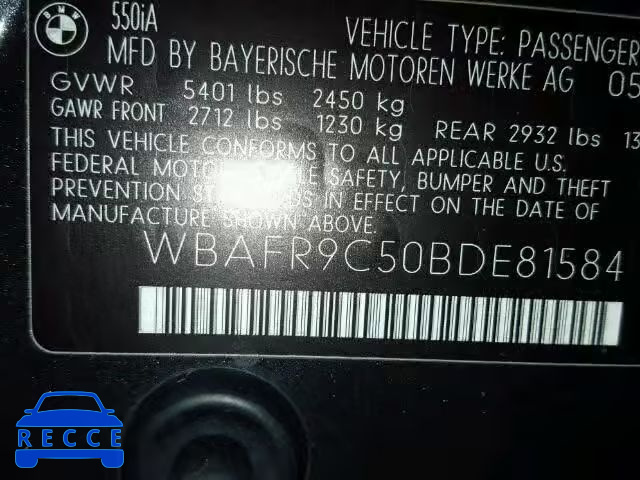2011 BMW 550I WBAFR9C50BDE81584 image 9