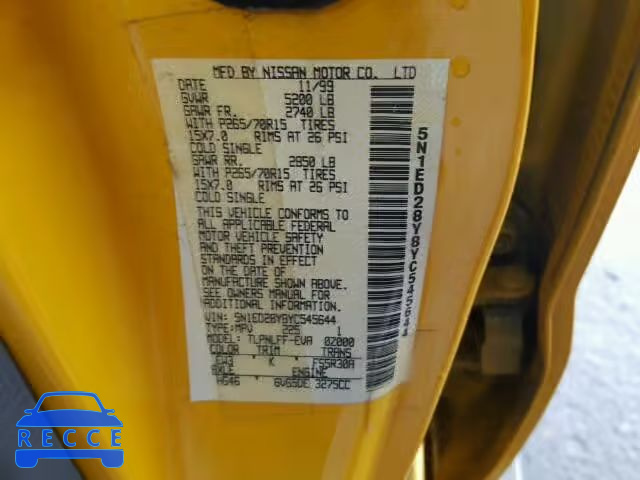 2000 NISSAN XTERRA XE/ 5N1ED28Y8YC545644 image 9