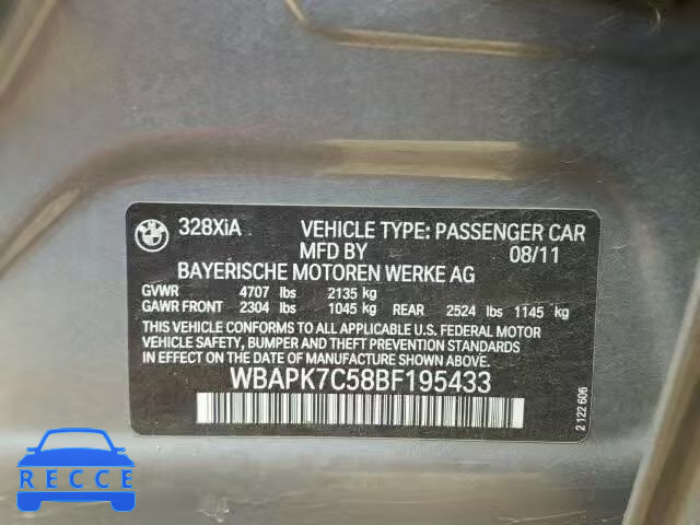 2011 BMW 328XI WBAPK7C58BF195433 зображення 9