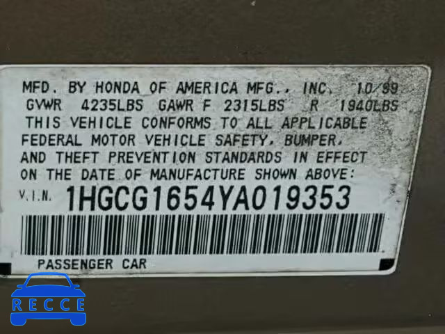 2000 HONDA ACCORD EX 1HGCG1654YA019353 image 9