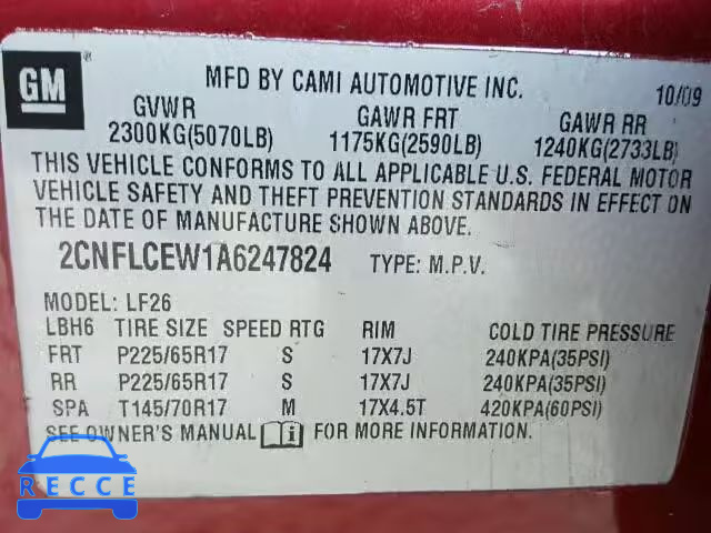 2010 CHEVROLET EQUINOX LS 2CNFLCEW1A6247824 image 9