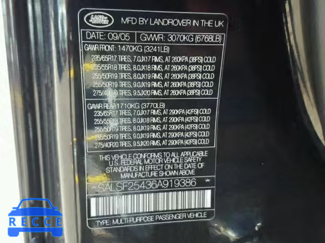 2006 LAND ROVER RANGE ROVE SALSF25436A919386 зображення 9