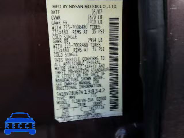 2007 NISSAN QUEST S/SE 5N1BV28U67N138342 Bild 9
