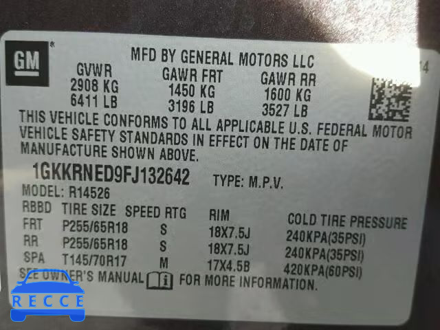 2015 GMC ACADIA SLE 1GKKRNED9FJ132642 image 9