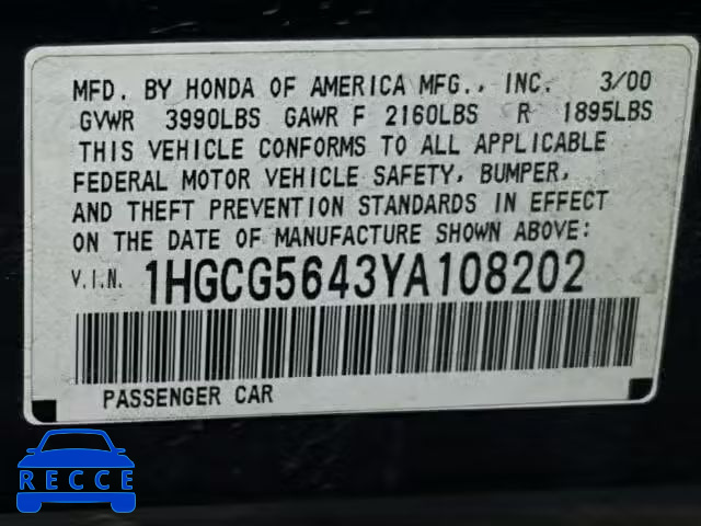 2000 HONDA ACCORD LX 1HGCG5643YA108202 image 9