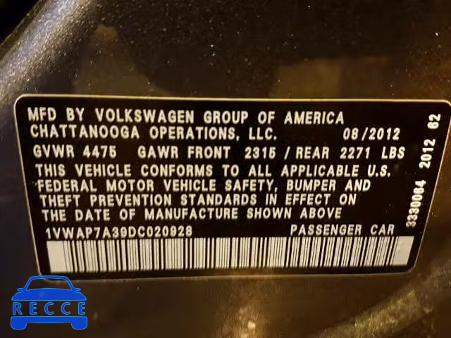 2013 VOLKSWAGEN PASSAT S 1VWAP7A39DC020928 image 9