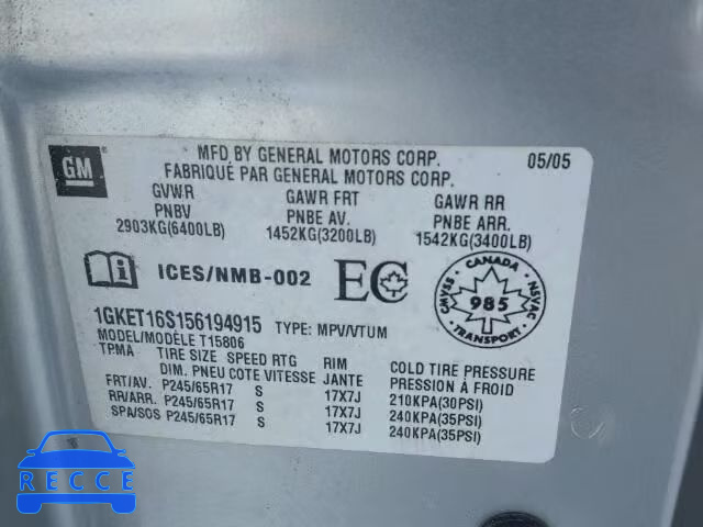 2005 GMC ENVOY XL 1GKET16S156194915 image 9