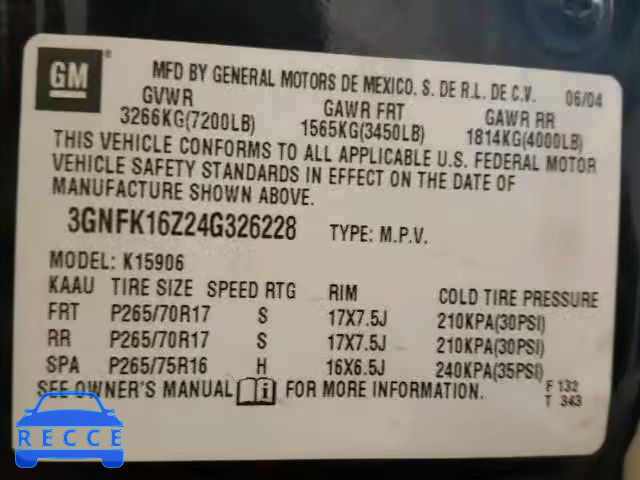 2004 CHEVROLET K1500 SUBU 3GNFK16Z24G326228 image 9