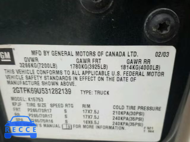 2003 GMC SIERRA K15 2GTFK69U531282139 image 9