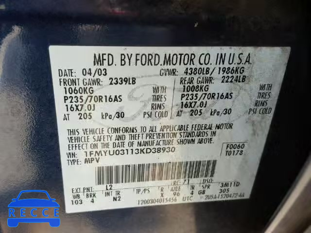 2003 FORD ESCAPE XLT 1FMYU03113KD38930 image 9