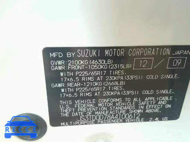 2010 SUZUKI GRAND VITA JS3TD0D78A4100612 Bild 9