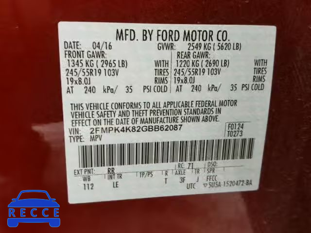 2016 FORD EDGE TITAN 2FMPK4K82GBB62087 image 9