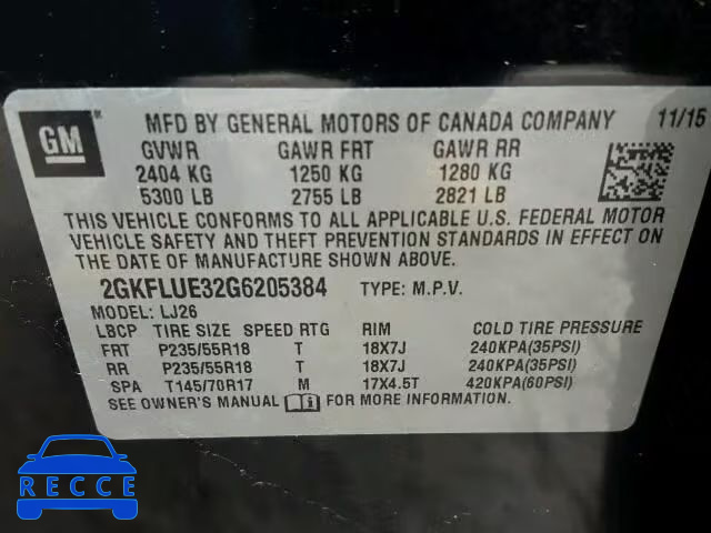 2016 GMC TERRAIN SL 2GKFLUE32G6205384 Bild 9