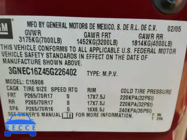 2005 CHEVROLET C1500 SUBU 3GNEC16Z45G226402 image 9