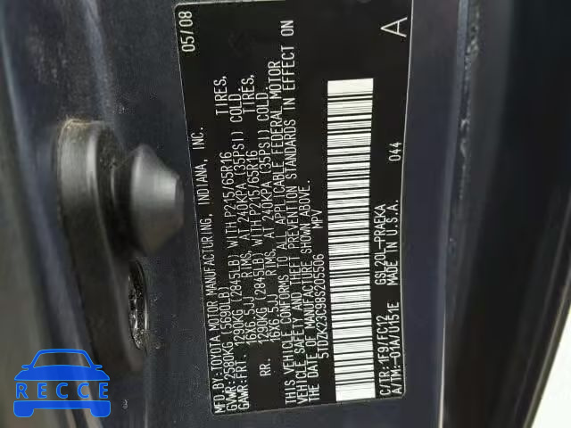 2008 TOYOTA SIENNA CE/ 5TDZK23C98S205506 image 9
