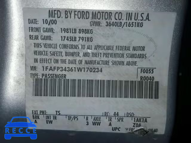 2001 FORD FOCUS SE/S 1FAFP34361W170234 image 9