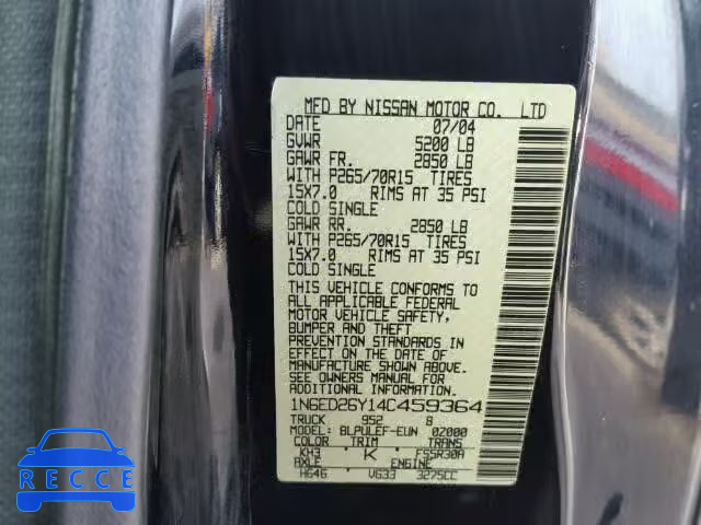 2004 NISSAN FRONTIER X 1N6ED26Y14C459364 image 9