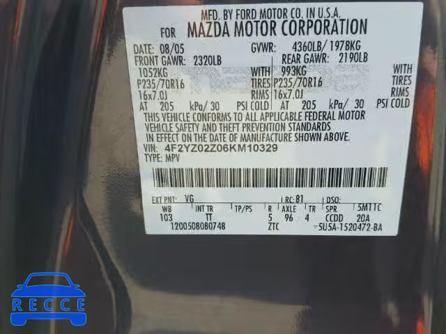 2006 MAZDA TRIBUTE I 4F2YZ02Z06KM10329 image 9