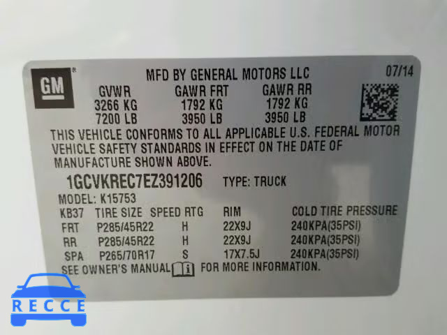 2014 CHEVROLET SILVERADO 1GCVKREC7EZ391206 image 9