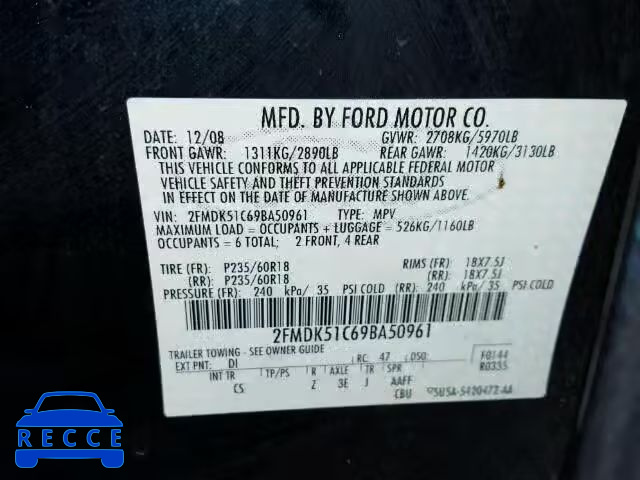 2009 FORD FLEX SE 2FMDK51C69BA50961 зображення 9