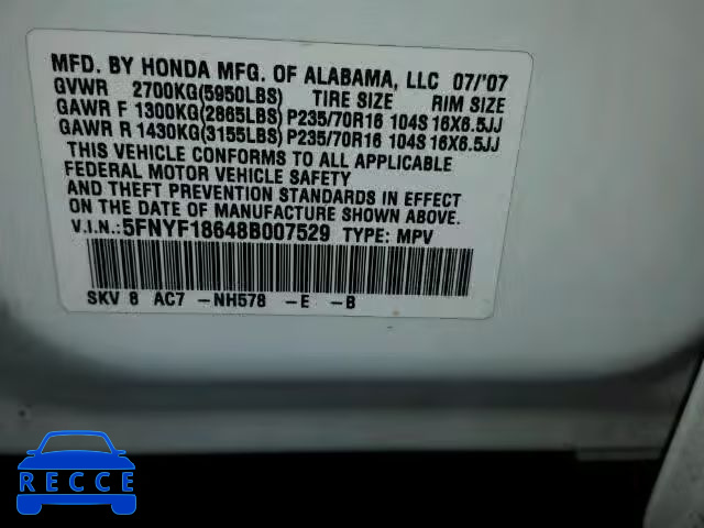 2008 HONDA PILOT EXL 5FNYF18648B007529 image 9